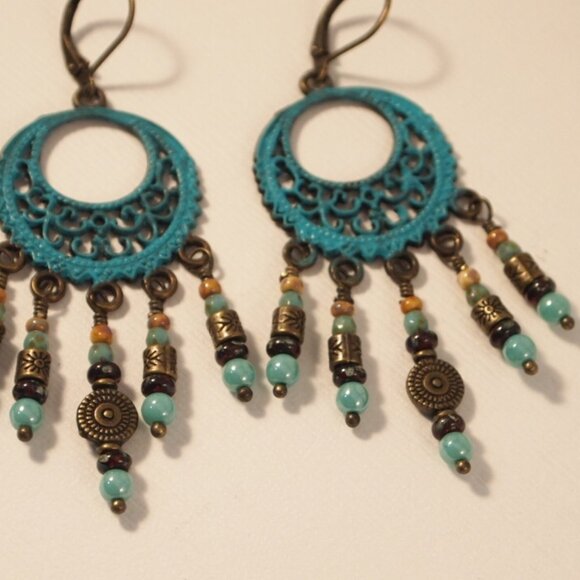 Handmade Southwestern Turquoise Chandelier Earrings Pierced or Clip-on earrings - Picture 5 of 7